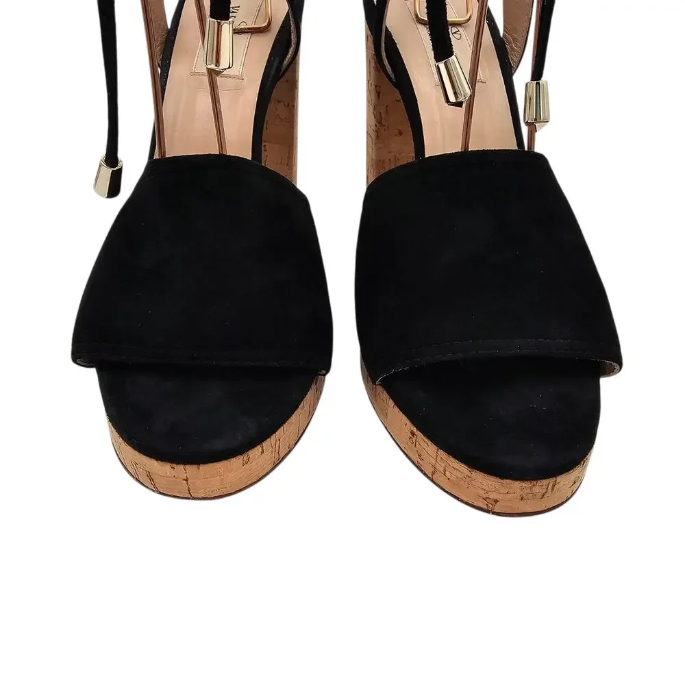 Valentino Garavani Cork Ankle Tie Heel Plaform Sandal Black Suede Size 39 US 9